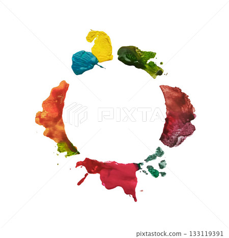 A colorful round frame of watercolor splashes on a white background. This vibrant, artistic design is perfect for creative projects, posters, templates, and modern compositions. A colorful round frame of watercolor splashes on a white background. This vibrant, artistic design is perfect for creative projects, posters, templates, and modern compositions. 133119391