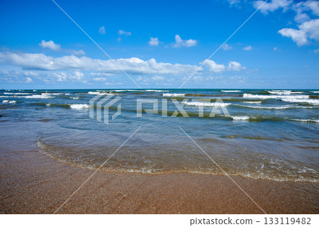 The coast of the Caspian Sea. The beach of the city of Derbent. Republic of Dagestan, Russia 133119482