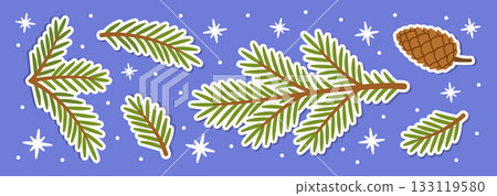 spruce branches and pine cones sticker set. flat style vector illustration. spruce branches and pine cones sticker set. flat style vector illustration. 133119580
