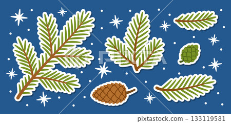 spruce branches and pine cones sticker set. flat style vector illustration. spruce branches and pine cones sticker set. flat style vector illustration. 133119581