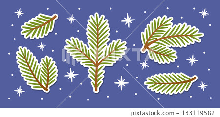 spruce branches sticker set with small snow elements. flat style 133119582