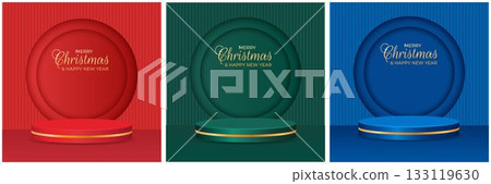 Set of festive Christmas and New Year's shop window backdrops featuring a 3D podium and gold text. Vector illustration. Set of festive Christmas and New Year's shop window backdrops featuring a 3D podium and gold text. Vector illustration. 133119630