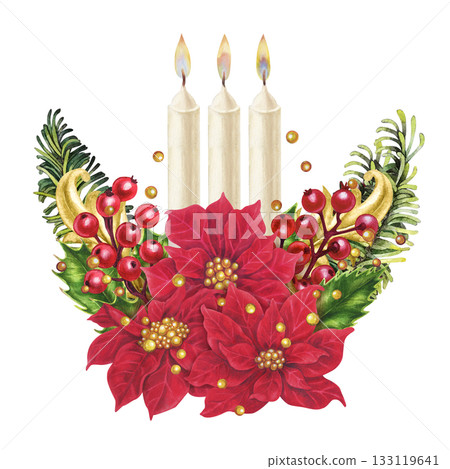 Christmas bouquet of red poinsettias with vintage gold vignettes, holly berries, flaming candles. Watercolor template for home decor, postcards, labels, stickers, scrapbooking, greeting cards, or gift Christmas bouquet of red poinsettias with vintage gold vignettes, holly berries, flaming candles. Watercolor template for home decor, postcards, labels, stickers, scrapbooking, greeting cards, or gift 133119641