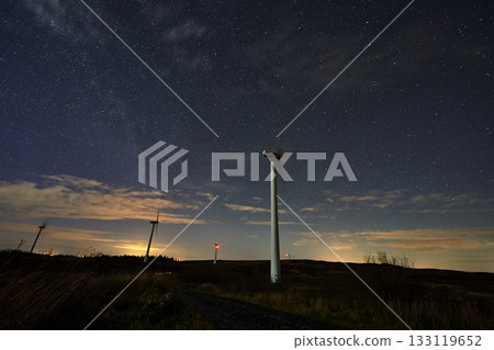 wind turbine at night.clean energy. wind turbine, eolic turbine, Power Plant, energy transmission, high voltage supply. scientific and technological advances. wind turbine at night.clean energy. wind turbine, eolic turbine, Power Plant, energy transmission, high voltage supply. scientific and technological advances. 133119652