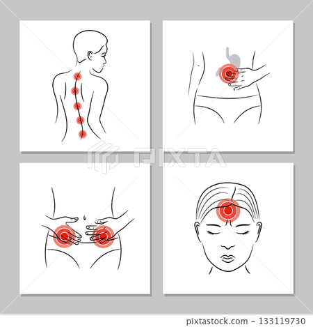 Pain vector set. Medical posters with body aches in different parts Pain vector set. Medical posters with body aches in different parts 133119730