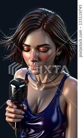 Soulful singer with vintage microphone. A female animated character with short brown hair holds a vintage microphone. 133119745