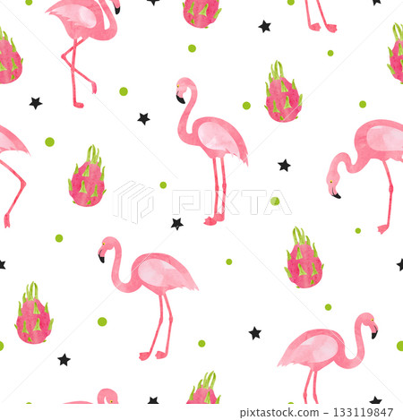 Flamingo bird pattern. Vector seamless watercolor tropical background 133119847
