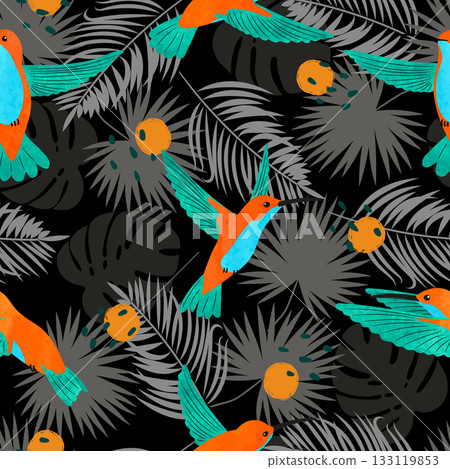 Seamless watercolor Hummingbirds and exotic tropical palm leaves pattern. Vector tropic illustration 133119853