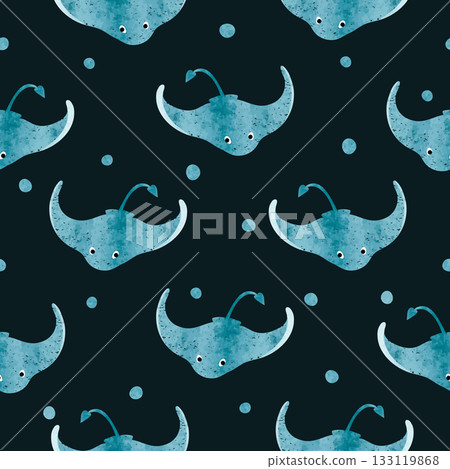 Stingray fish pattern. Vector sea background with watercolor manta rays 133119868