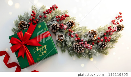 Green gift box Happy 2026 with a red ribbon next to fir branches, frosted berries, and pine cones on a white background. 133119895