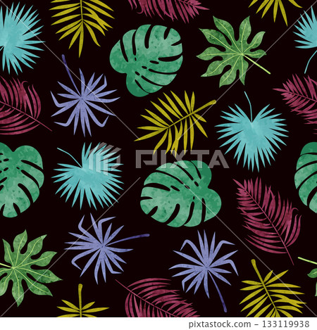 Seamless colorful tropical watercolor leaves pattern. Vector jungle tropic background 133119938