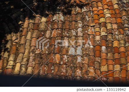 Old terracotta roof tiles with weathered texture and lichen in warm sunlight, Bulgaria. Old terracotta roof tiles with weathered texture and lichen in warm sunlight, Bulgaria. 133119942