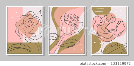 Minimal modern line art rose flower. Set of abstract floral posters. Wall art design 133119972