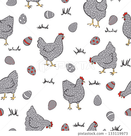 Seamless chicken pattern with hens and colored eggs. Ester vector illustration Seamless chicken pattern with hens and colored eggs. Ester vector illustration 133119973