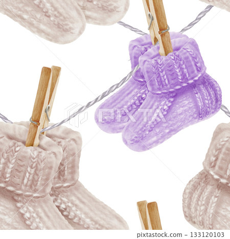 Symbol of World Prematurity Day-Purple knitted socks with ribbon,chamomile flowers symbolizing purity and childhood innocence.Watercolor seamless pattern for charity projects,social media 133120103