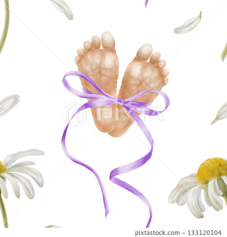 Premature baby feet tied with purple silk ribbon bow and chamomile flowers.Symbolic watercolor illustration for neonatal awareness,World Prematurity Day campaigns,and supportive charity projects Premature baby feet tied with purple silk ribbon bow and chamomile flowers.Symbolic watercolor illustration for neonatal awareness,World Prematurity Day campaigns,and supportive charity projects 133120104
