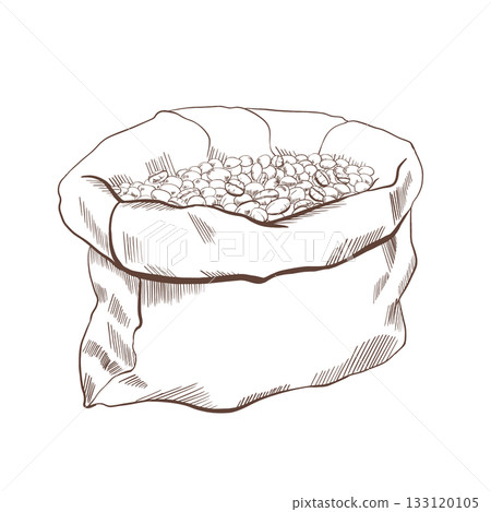 Coffee burlap sack with coffee beans in black and white vector illustration.Minimalistic,simple style hand drawn illustration perfect for packaging,labels or rustic-themed projects 133120105