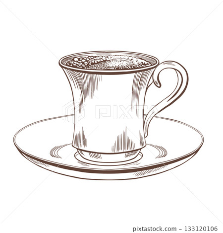Coffee cup with black coffee and foam on a classic porcelain saucer in black and white vector style.Classic ceramic coffee pair with eastern slender handle.For cafe logos,menu,and food branding Coffee cup with black coffee and foam on a classic porcelain saucer in black and white vector style.Classic ceramic coffee pair with eastern slender handle.For cafe logos,menu,and food branding 133120106
