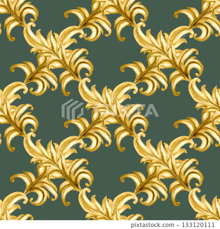 Golden vintage vignettes on a seamless pattern isolated on a green background. Watercolor template for Christmas, wedding decor, invitations, greeting, textile, tablecloths, table runners, home decor 133120111