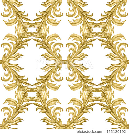 Golden vintage vignettes on a seamless pattern isolated on a white background. Watercolor template for Christmas, wedding decor, invitations, greeting, textile, tablecloths, table runners, home decor 133120192
