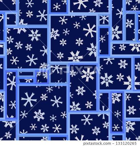 Snowflakes on window. Squares on snowy background. Snowy night. White snowflakes on dark blue background. Unusual winter seamless pattern. Christmas background Snowflakes on window. Squares on snowy background. Snowy night. White snowflakes on dark blue background. Unusual winter seamless pattern. Christmas background 133120265