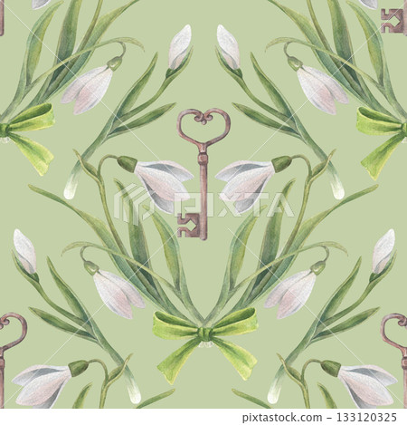 A seamless pattern featuring a vintage-style composition of snowdrops, leaves, and keys. Hand-drawn watercolor illustration isolated on a green background. Perfect for decorating packaging, textiles. 133120325