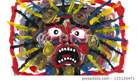 A chaotic finger painting displays a face filled with panic and fear. Bold colors and wild strokes emphasize the emotional turmoil and primal expression of distress. A chaotic finger painting displays a face filled with panic and fear. Bold colors and wild strokes emphasize the emotional turmoil and primal expression of distress. 133120471
