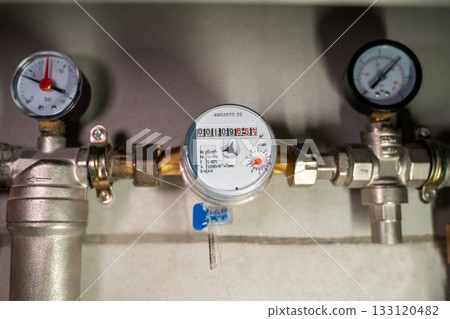 Apartment water pressure meter use dial and needle to show system pressure in bar or PSI in pipeline 133120482