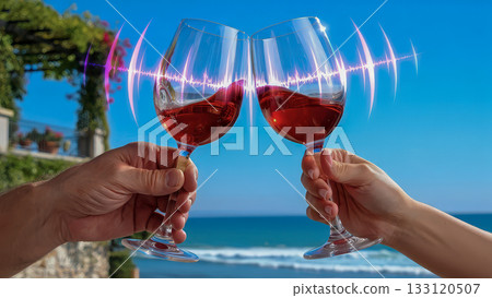 Vibrant toast with red wine glasses by the ocean. Two glasses of red wine are being clinked together, held by an adult male and female hand. Vibrant toast with red wine glasses by the ocean. Two glasses of red wine are being clinked together, held by an adult male and female hand. 133120507