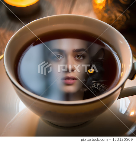 Enigmatic brew a glimpse into the teacup. A teacup containing dark tea reflects an artistic overlay of a woman's face and a black cat with striking yellow eyes. Enigmatic brew a glimpse into the teacup. A teacup containing dark tea reflects an artistic overlay of a woman's face and a black cat with striking yellow eyes. 133120509