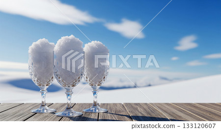 Three elegant glasses filled with white snow stand on a rustic wooden table. Behind them, a stunning blue sky and snowy hills create a serene winter scene. 133120607