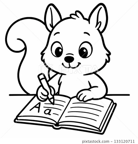 Cute squirrel doing homework coloring page, simple outline illustration. Preschool education 133120711