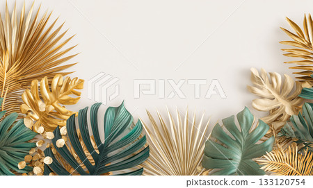 優雅的植物背景，以金色和綠色的熱帶葉片為框。 133120754