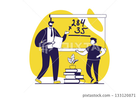 School teachers web concept with flat people for website design. Man works in school, teaching pupil at lessons by blackboard, explaining elementary math to schoolboy in class. Vector illustration. 133120871