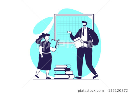 School teachers web concept with flat people for website design. Man works in school, teaching pupil at lessons by blackboard, explaining information from book to schoolgirl. Vector illustration. 133120872