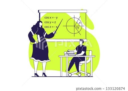 School teachers web concept with flat people for website design. Woman works in school, teaching pupils at lessons by blackboard, pointing math problems at chalkboard in class. Vector illustration. 133120874