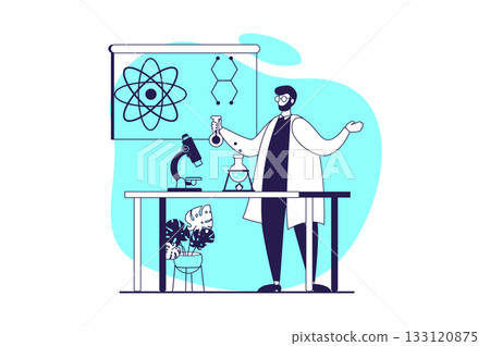 School teachers web concept with flat people for website design. Man works in school, teaching students at science lessons, explaining chemistry reaction or biology at seminar. Vector illustration. 133120875