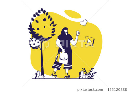 People sit in gadgets web concept with flat people for website design. Woman looking in mobile phone screen while walking in park, browsing or chatting, addicting to content. Vector illustration. 133120888