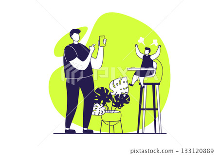 People sit in gadgets web concept with flat people for website design. Man interacting with entertainment content in mobile app, distracting himself and ignoring his little son. Vector illustration. People sit in gadgets web concept with flat people for website design. Man interacting with entertainment content in mobile app, distracting himself and ignoring his little son. Vector illustration. 133120889
