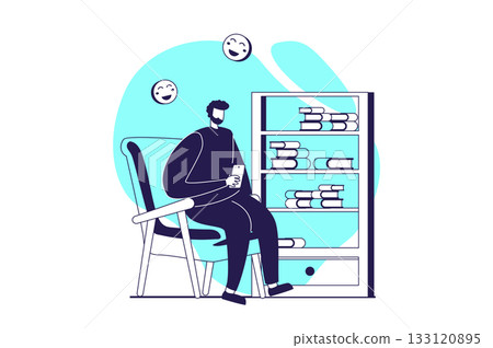 People sit in gadgets web concept with flat people for website design. Man interacting with digital information or entertainment content in mobile app and ignoring books on shelf. Vector illustration. 133120895