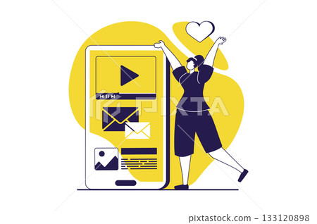 People sit in gadgets web concept with flat people for website design. Woman watching video content, chatting and sending messages at mobile app, spending lot of time online. Vector illustration. 133120898