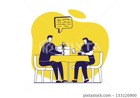 People sit in gadgets web concept with flat people for website design. Man trying to give gift at date to girlfriend, woman ignoring him while distracting to internet browsing. Vector illustration. 133120900