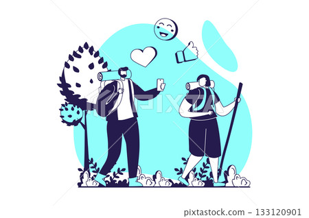 People sit in gadgets web concept with flat people for website design. Man and woman hiking and taking selfie and photos, spending time in smartphone, streaming their traveling. Vector illustration. People sit in gadgets web concept with flat people for website design. Man and woman hiking and taking selfie and photos, spending time in smartphone, streaming their traveling. Vector illustration. 133120901