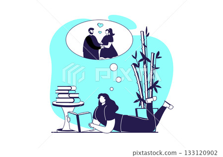 People reading book web concept with flat people for website design. Woman reads romantic literature genre about romance couple. Bookworm enjoying hobby and engaged in interest. Vector illustration. 133120902