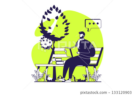 People reading book web concept with flat people for website design. Man reads literature while sitting bench in park. Reader pastime with different texts, engaged in hobby. Vector illustration. People reading book web concept with flat people for website design. Man reads literature while sitting bench in park. Reader pastime with different texts, engaged in hobby. Vector illustration. 133120903