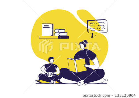 People reading book web concept with flat people for website design. Mother reads kid literature her son or helping pupil with textbook learning, bookworms enjoying hobby at home. Vector illustration. People reading book web concept with flat people for website design. Mother reads kid literature her son or helping pupil with textbook learning, bookworms enjoying hobby at home. Vector illustration. 133120904