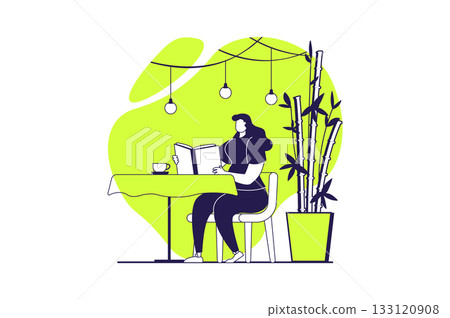 People reading book web concept with flat people for website design. Woman reads literature while sitting cafe table and drink coffee, bookworm enjoying with different texts. Vector illustration. 133120908