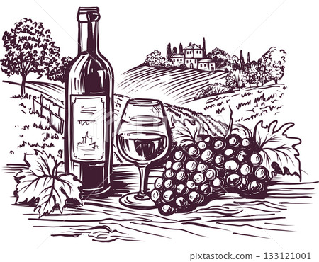 Wine Glass, Bottle, Grape against the Backdrop of a Rural Landscape with Vineyards 133121001