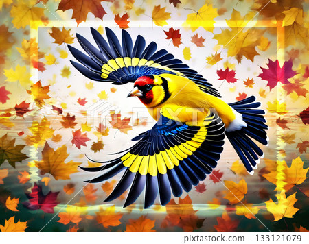 Vibrant goldfinch soaring through autumn leaves. A colorful goldfinch with striking yellow, black, and red plumage is depicted in flight, set against a background of autumn leaves in shades of yellow, 133121079