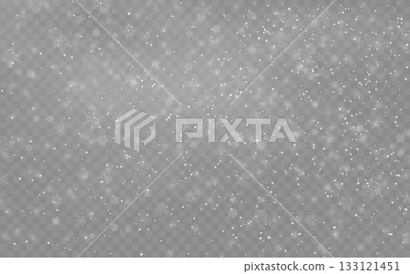 Snow background. Christmas snowfall texture. Realistic white dust with bokeh effect. Falling snowflakes for greeting card, invitation or poster. Winter landscape backdrop. Vector illustration 133121451